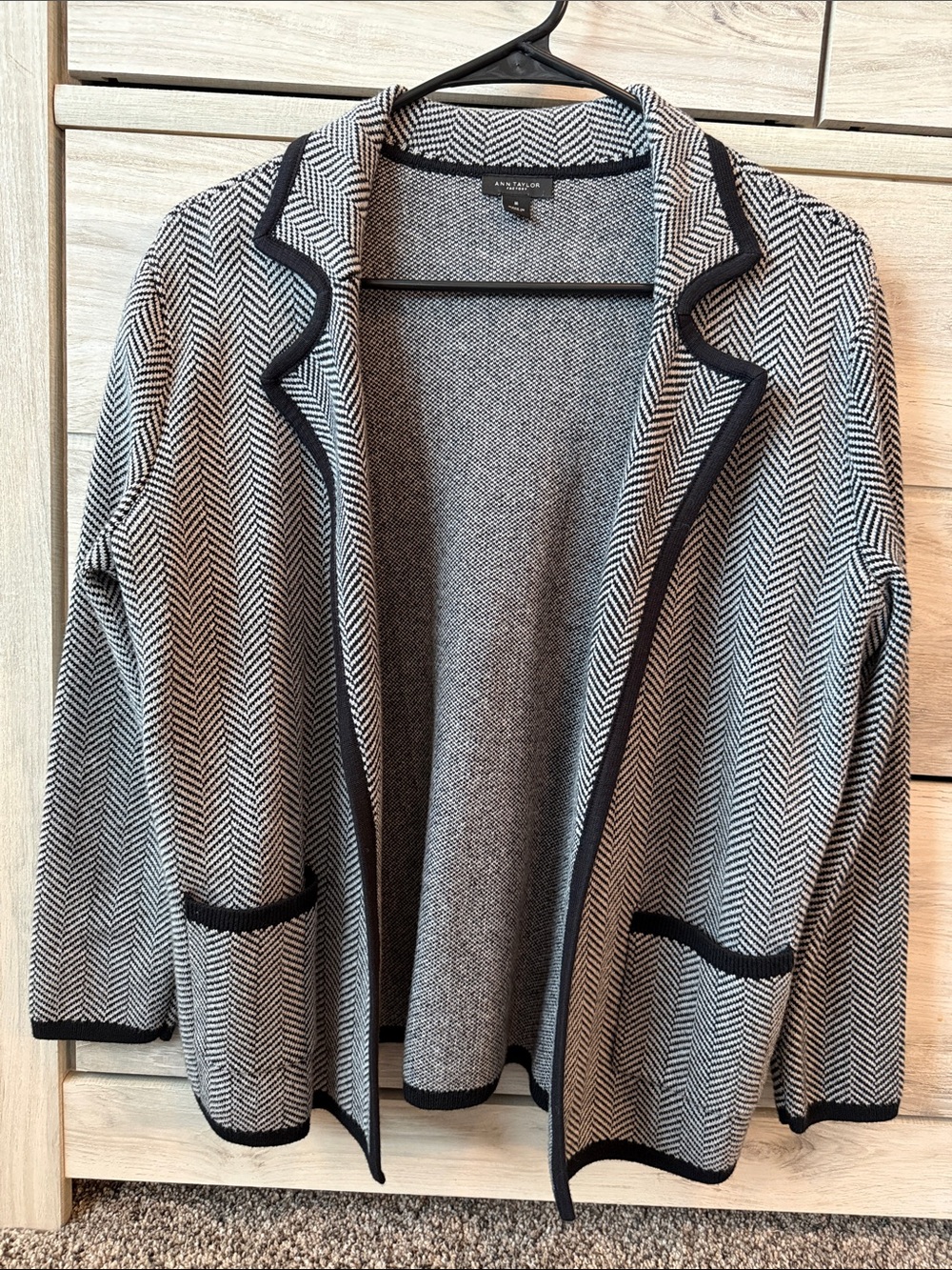 Ann Taylor Black and White Herringbone Open-Front Cardigan